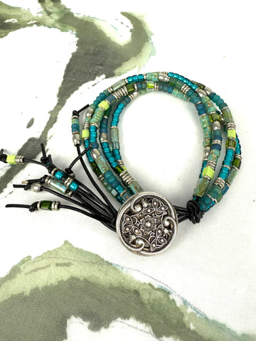 Aqua Bead Leather Bracelet
