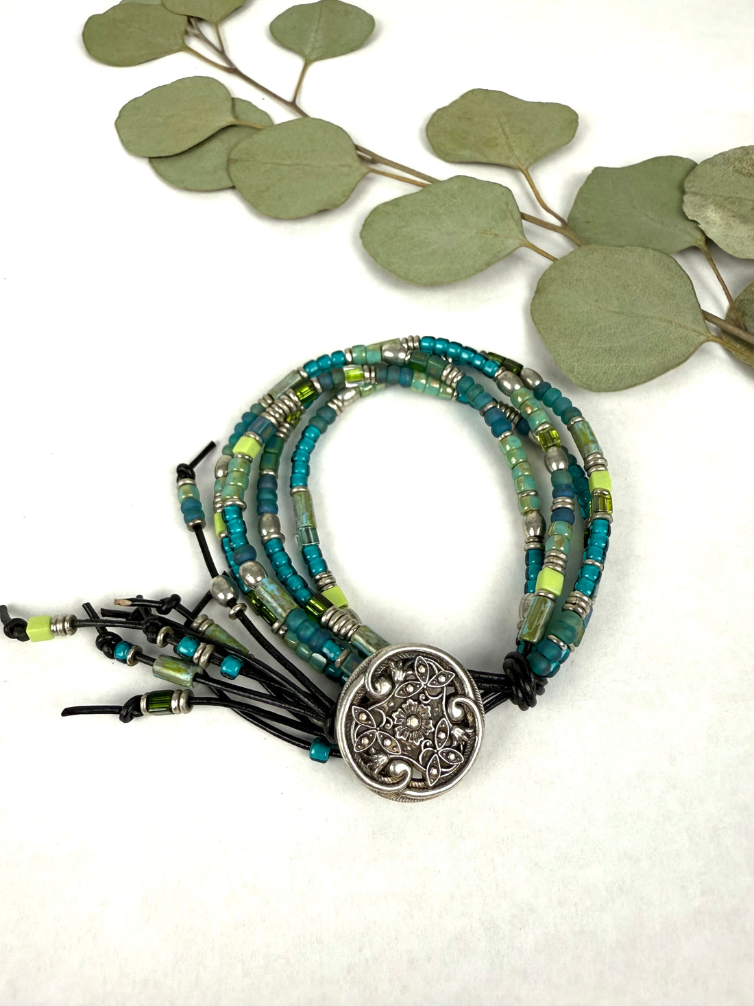 Aqua Bead Leather Bracelet