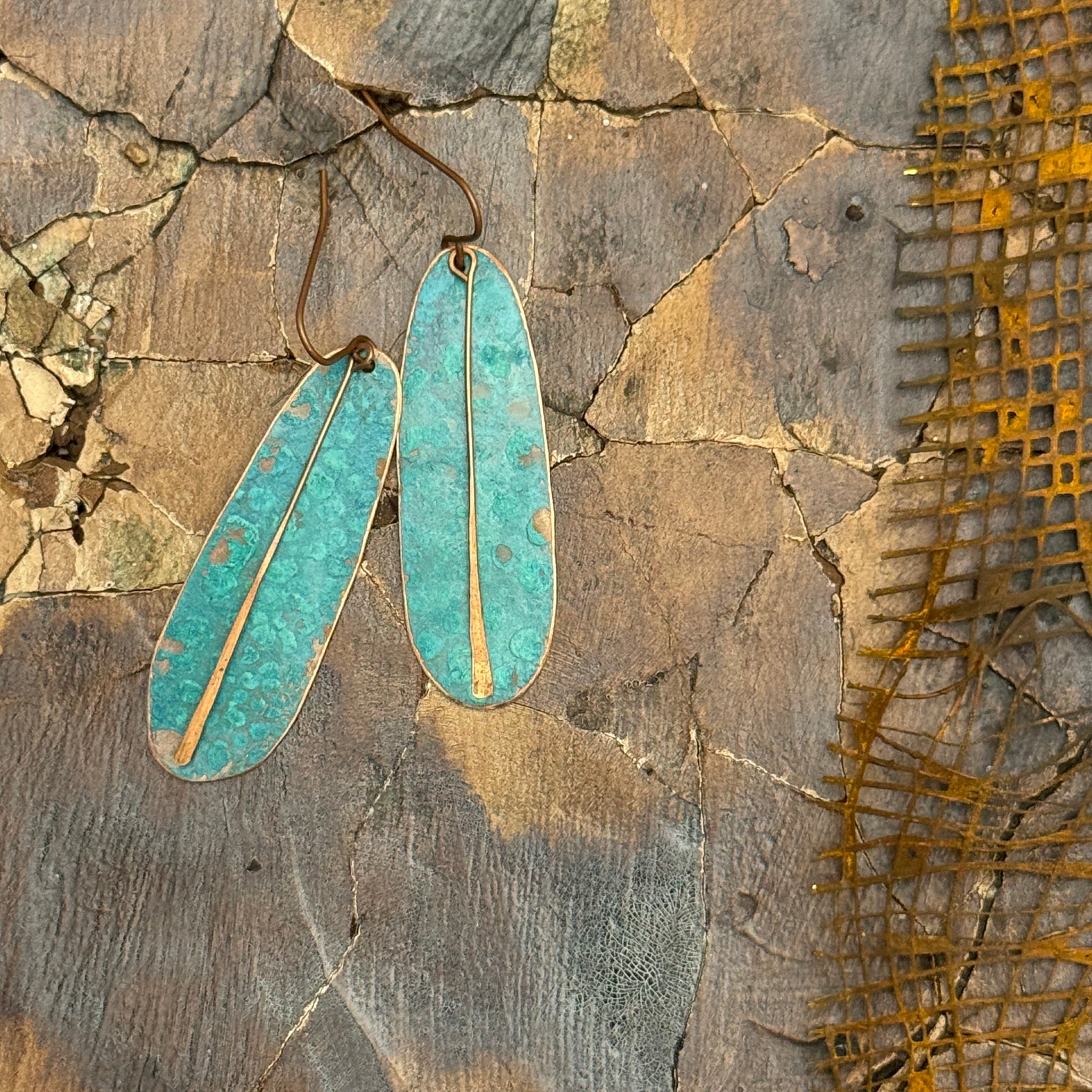 Aqua Oblong recycled copper earrings