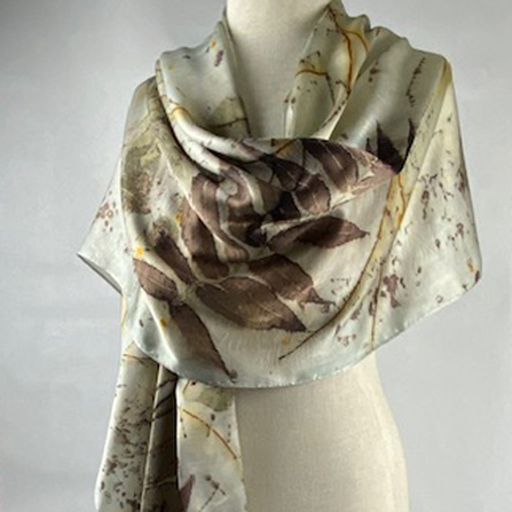 20" x 90" Eco Printed Silk Satin Shawl/Scarf