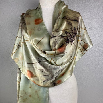 Luxurious silk satin hand dyed eco printed green black orange sophisticated original scarf shawl