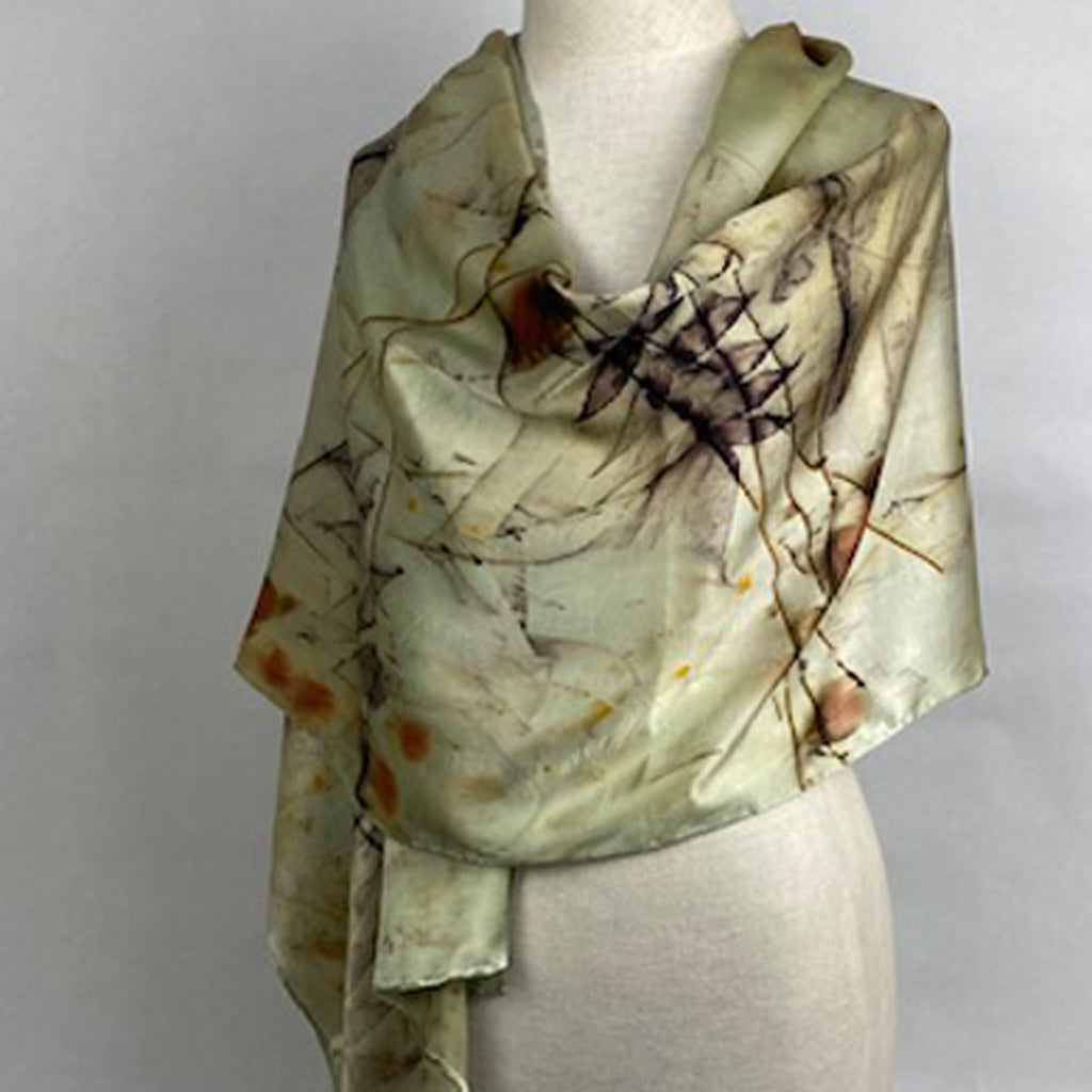 Luxurious silk satin hand dyed eco printed green black orange sophisticated original scarf shawl