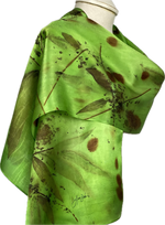 Hand dyed, eco printed green silk satin scarf