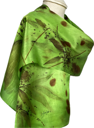 Hand dyed, eco printed green silk satin scarf