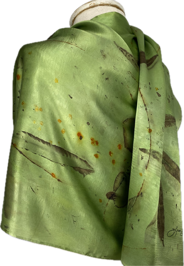 22" x 88" Green Eco Printed Silk Satin Scarf/Shawl