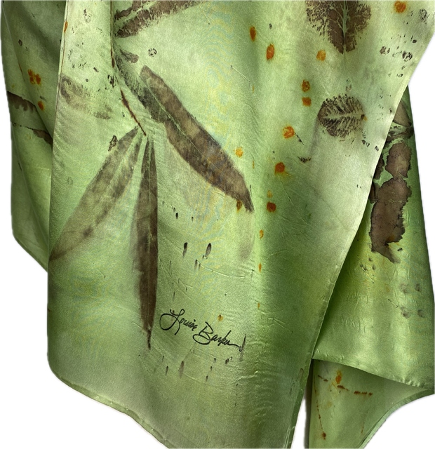 22" x 88" Green Eco Printed Silk Satin Scarf/Shawl