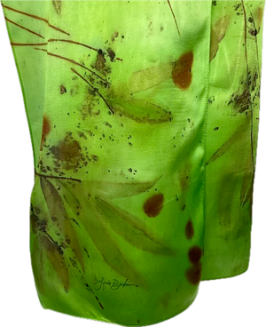 Hand dyed, eco printed green silk satin scarf