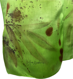 Hand dyed, eco printed green silk satin scarf