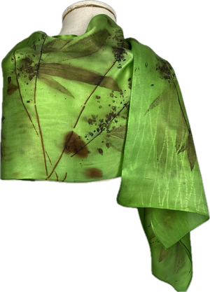 Hand dyed, eco printed green silk satin scarf