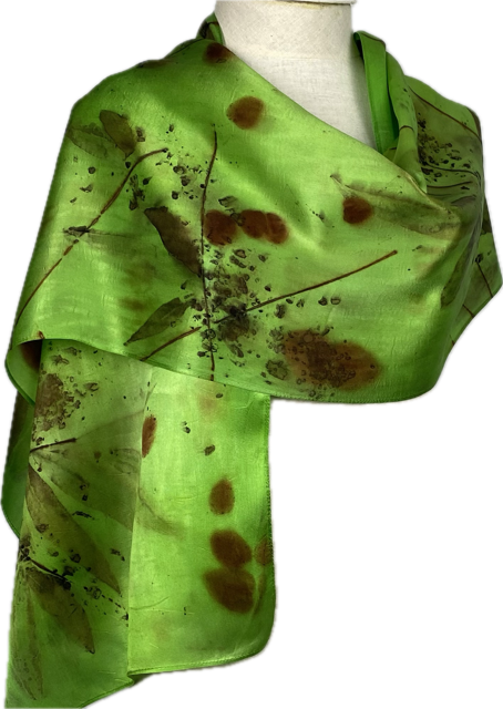 14" x 70"eco printed green silk satin scarf