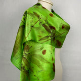 Hand dyed, eco printed green silk satin scarf