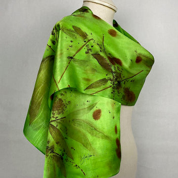 14" x 70"eco printed green silk satin scarf