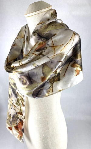 Luxurious textile art Eco printed white one of a kind silk satin woman’s fashion beautiful silk scarf