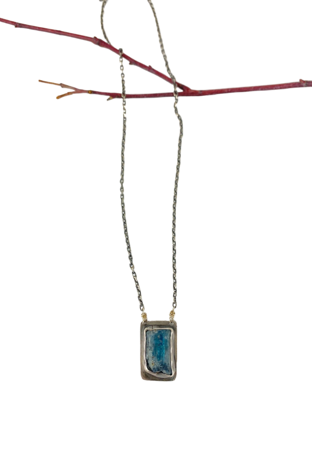 One of a Kind Kyanite Gemstone in Sterling silver setting with soft gray patina on Silver Chain Fashion Jewelry Necklace