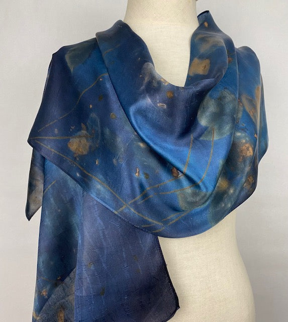 Midnight blue hand dyed Eco Printed silk scarf