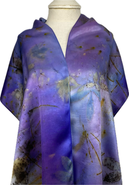 Luxurious Purple Eco Printed and Hand Dyed Silk Satin Scarf