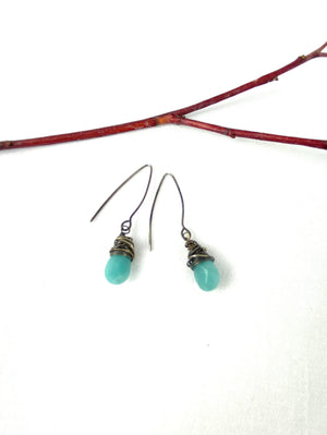 Charming blue green Amazonite with oxidized silver wire wrapped fashion earrings