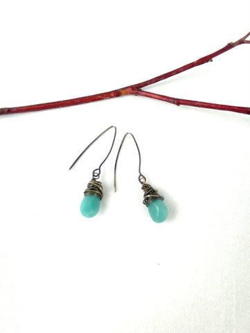 Charming Amazonite silver wire wrapped fashion earrings with patina jewelry