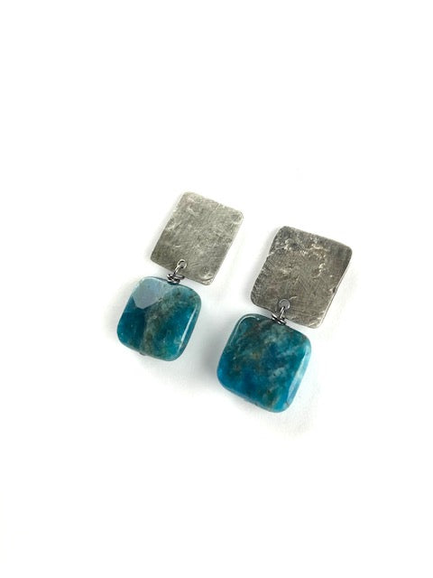 Ocean Blue Apatite hammered silver square post earrings