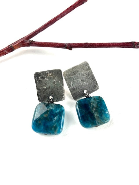 Ocean Blue Apatite hammered silver square post earrings