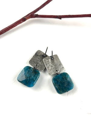 Ocean Blue Apatite hammered silver square post earrings