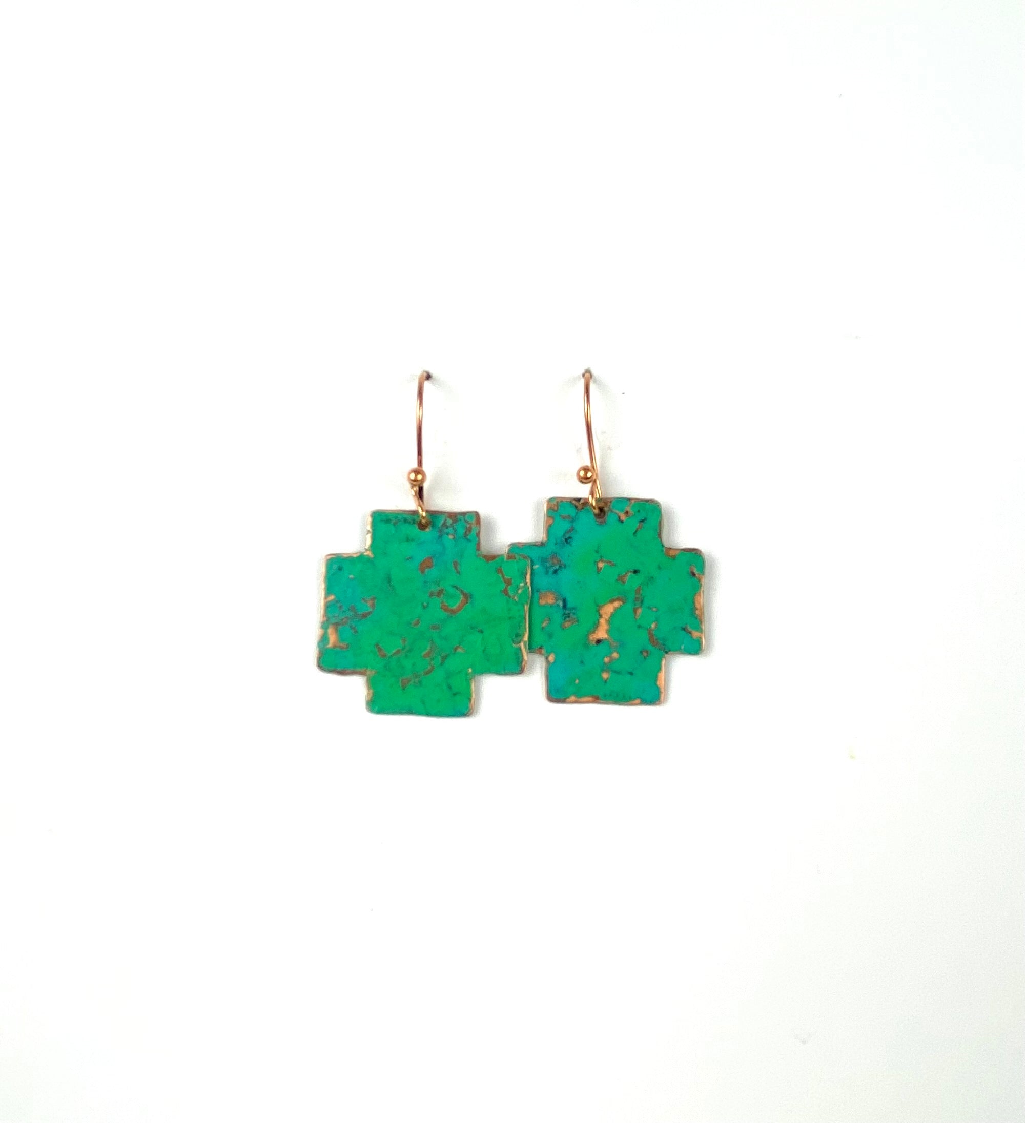 Handmade Aqua square cross hammered recycled copper drop fashion earrings