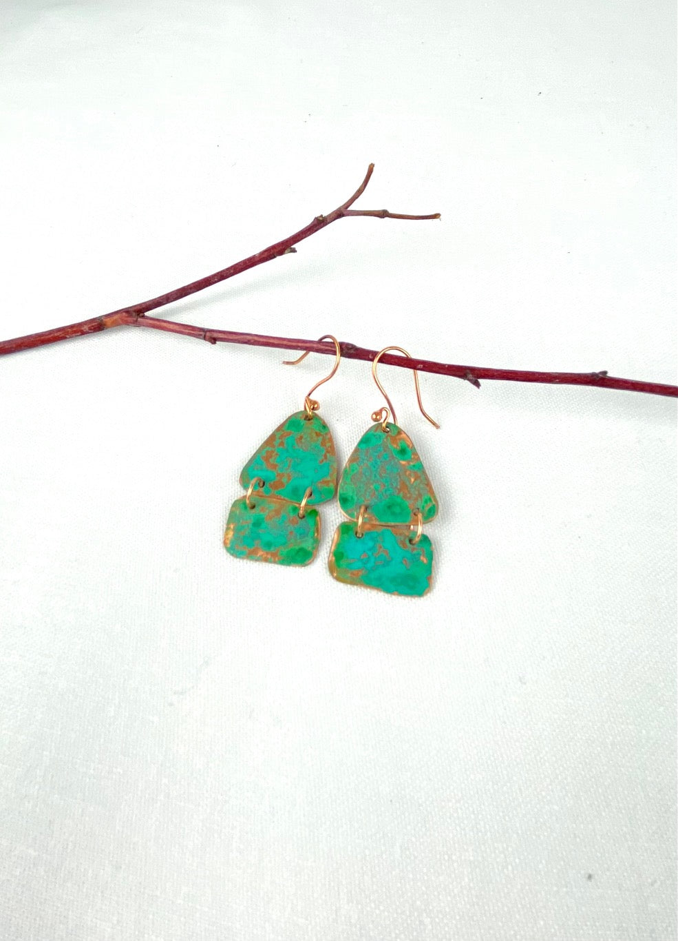 Aqua patina recycled hammered copper drop handmade earring jewelry