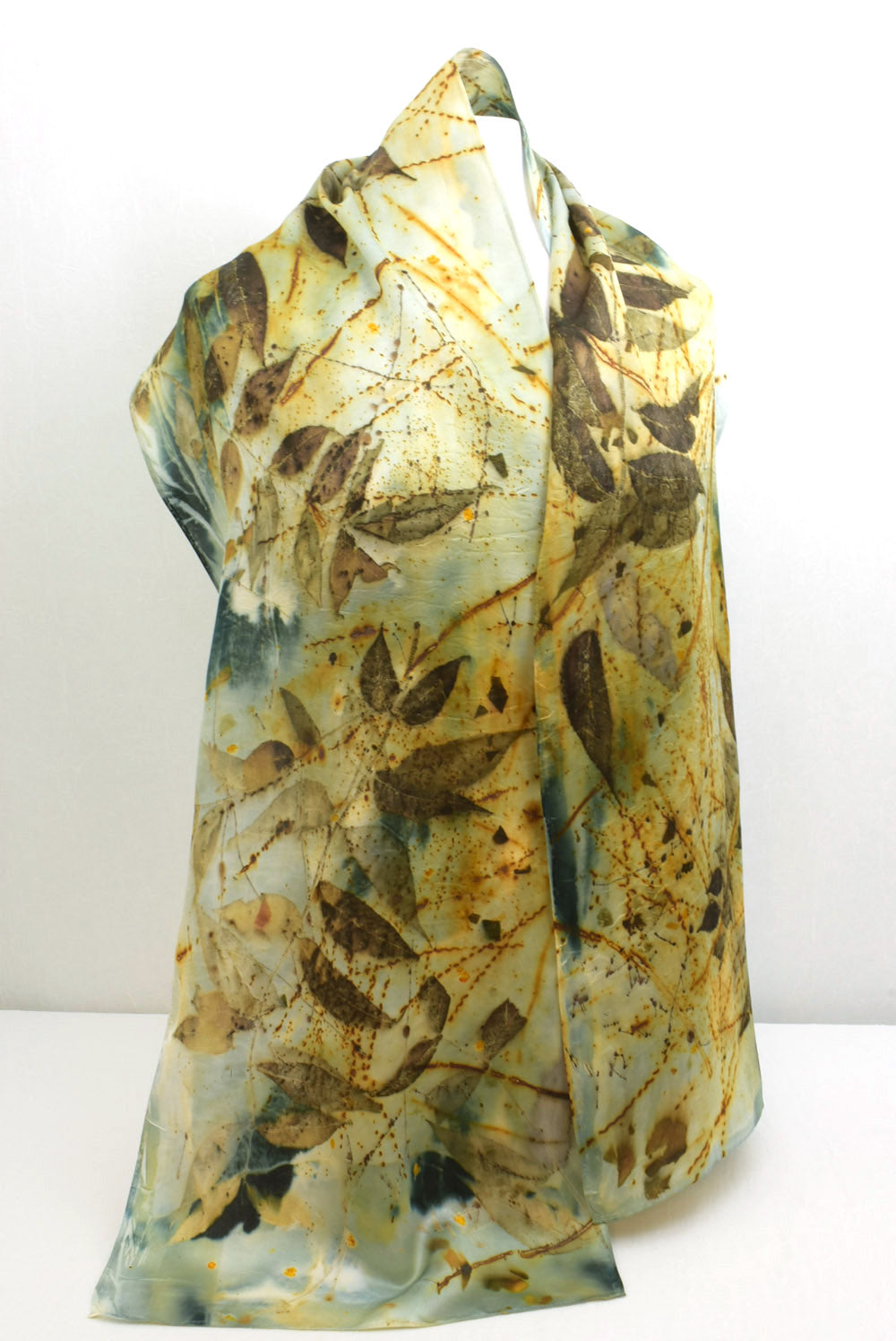 Natural Hand Dyed Eco Printed Wearable Art Fashion Silk Satin Scarf Accessory