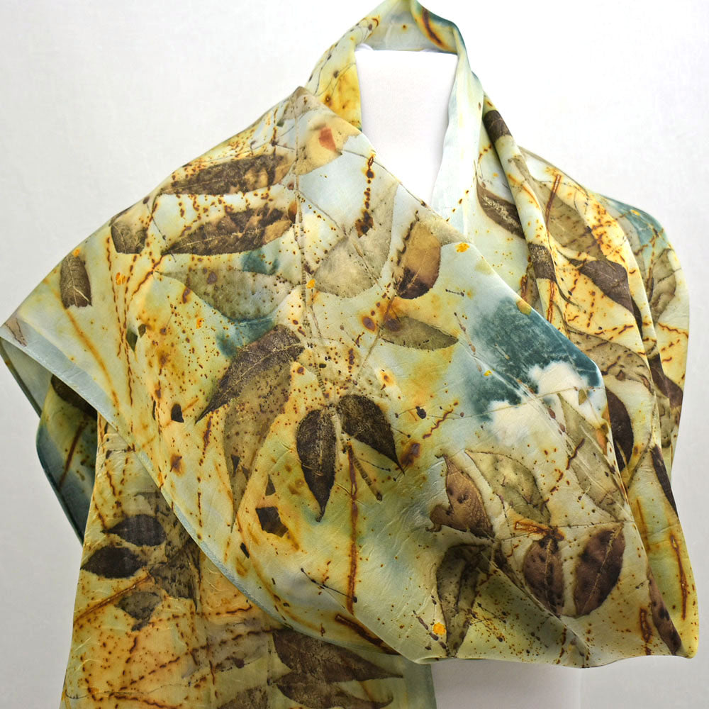 Natural Hand Dyed Eco Printed Wearable Art Fashion Silk Satin Scarf Accessory