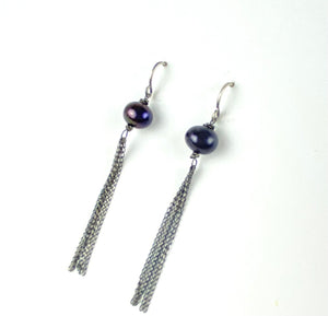 Black pearl with silver patina drop dangle chain earring jewelry