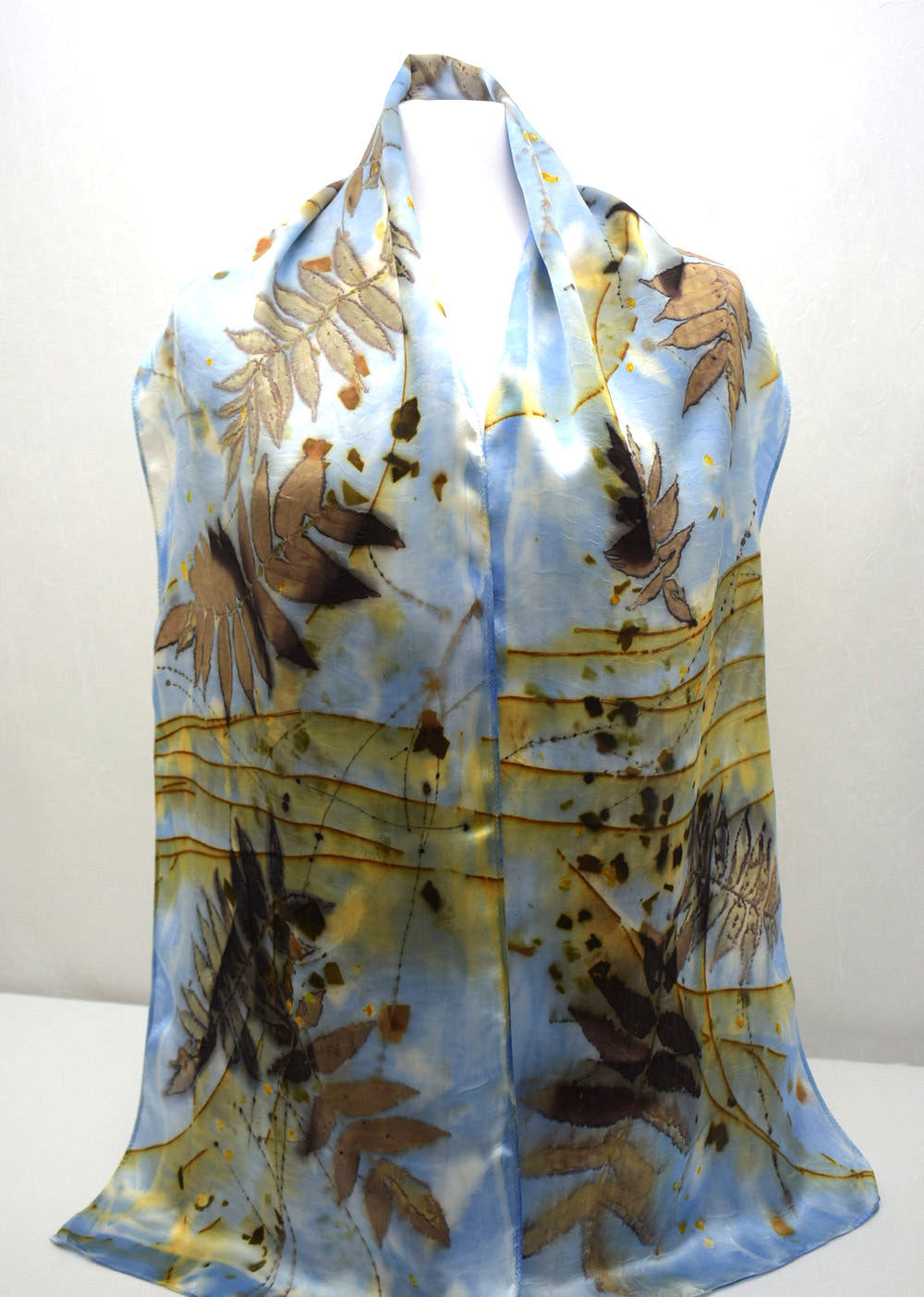 Hand dyed Eco Printed Brown/Blue Fine Silk Luxurious Satin Fashion Scarf
