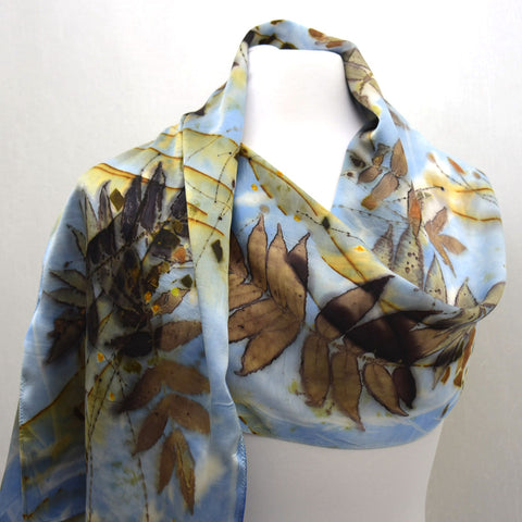 Hand dyed Eco Printed Brown/Blue Fine Silk Luxurious Satin Fashion Scarf