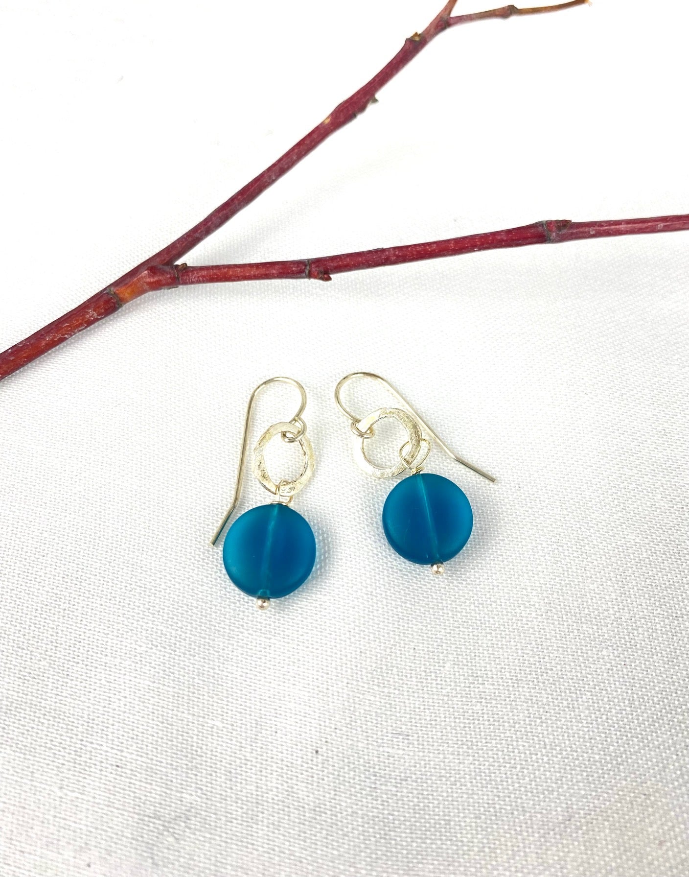 Blue Sea glass like bead with handmade hammered silver circle women's fashion earring jewelry