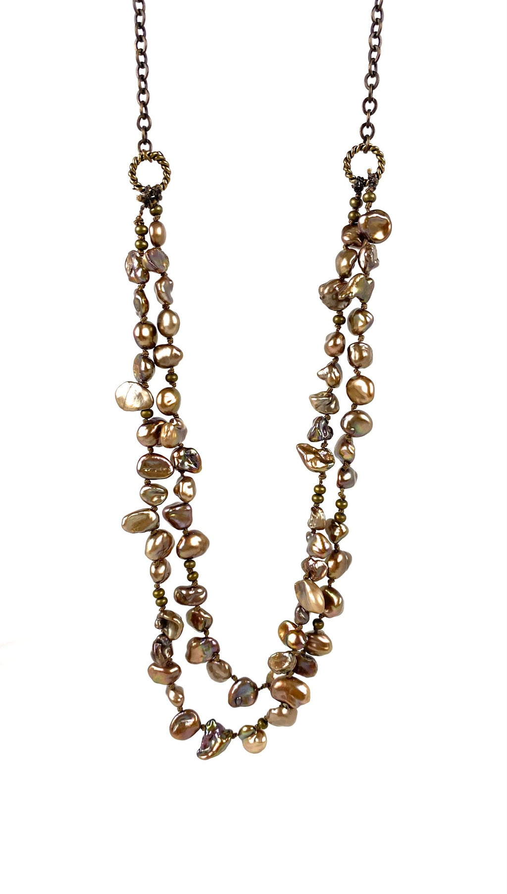 Bronze pearl double strand with brass chain classic women's fashion necklace jewelry
