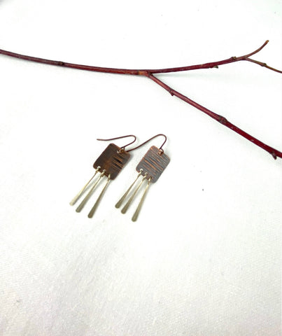 Handmade recycled copper squares with sterling silver paddles fashion earring jewelry
