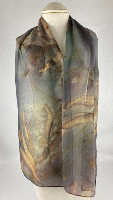 One of a kind fashion accessory hand dyed eco printed silk chiffon luxurious scarf