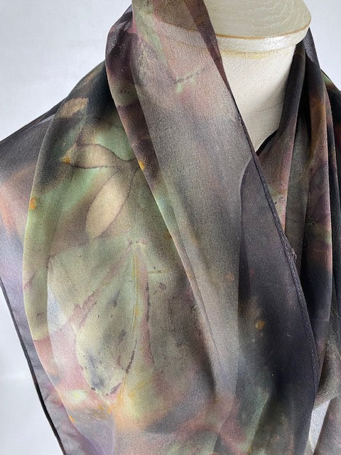 One of a kind fashion accessory hand dyed eco printed silk chiffon luxurious scarf