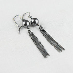 Handmade Fashion Gray Pearl Patina Chain Silver Unique Earring Jewelry