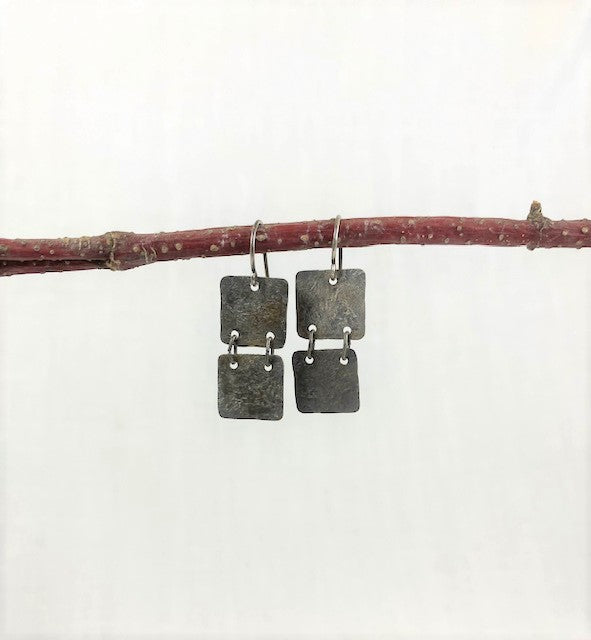 Handmade hammered Silver squares with patina earring fashion jewelry