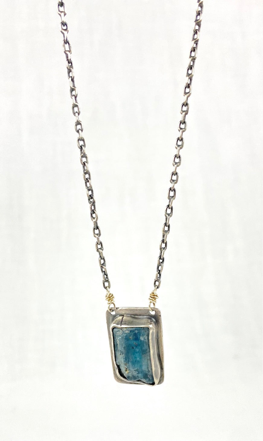 One of a Kind Kyanite Gemstone in Sterling silver setting with soft gray patina on Silver Chain Fashion Jewelry Necklace