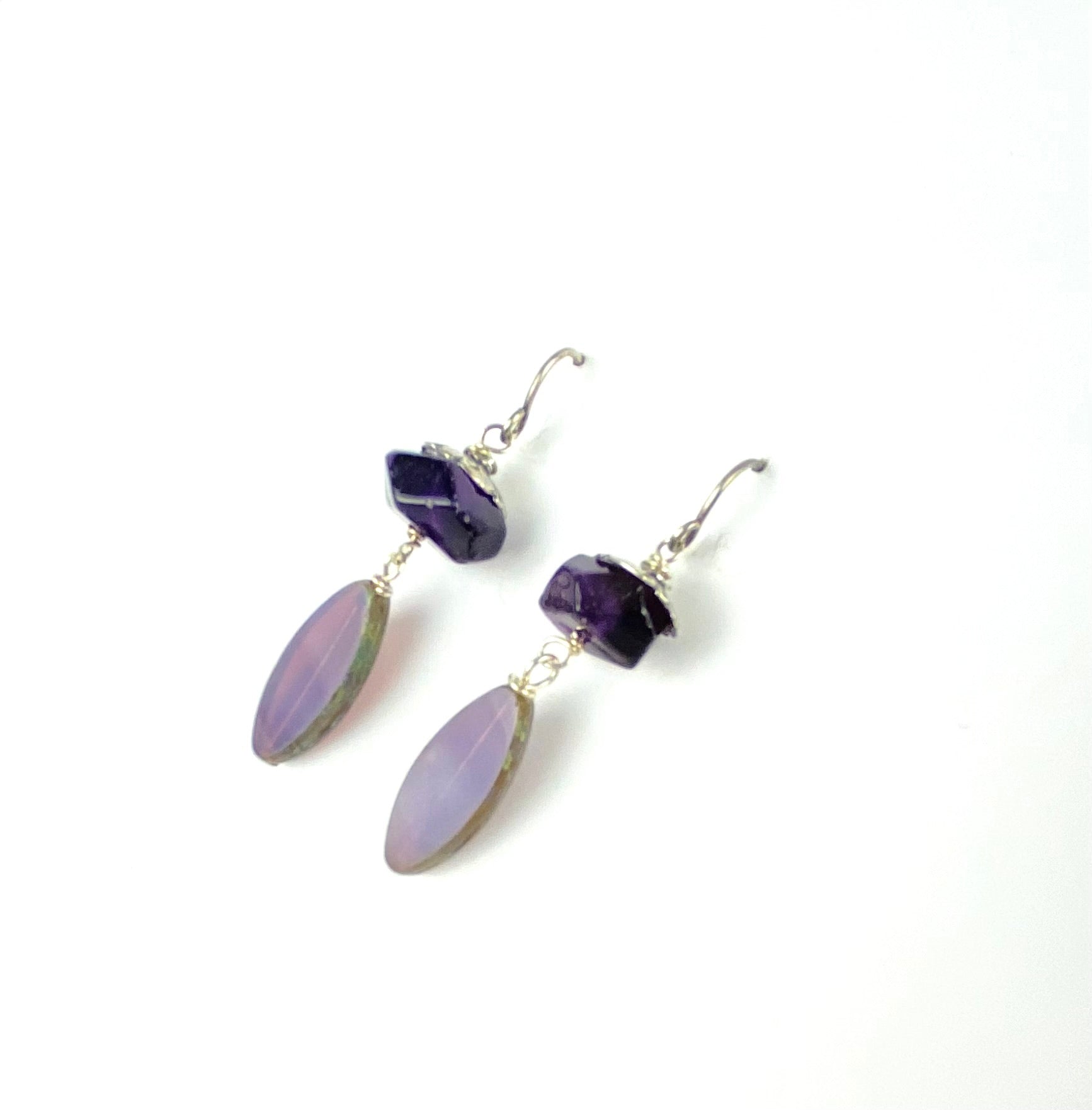 Lavender Czech bead with amethyst gemstone and Bali findings silver patina fashion earrings