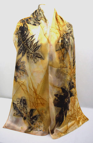 Hand Dyed Eco Printed Wearable Art Elegant Fashion Silk Satin Scarf Clothing