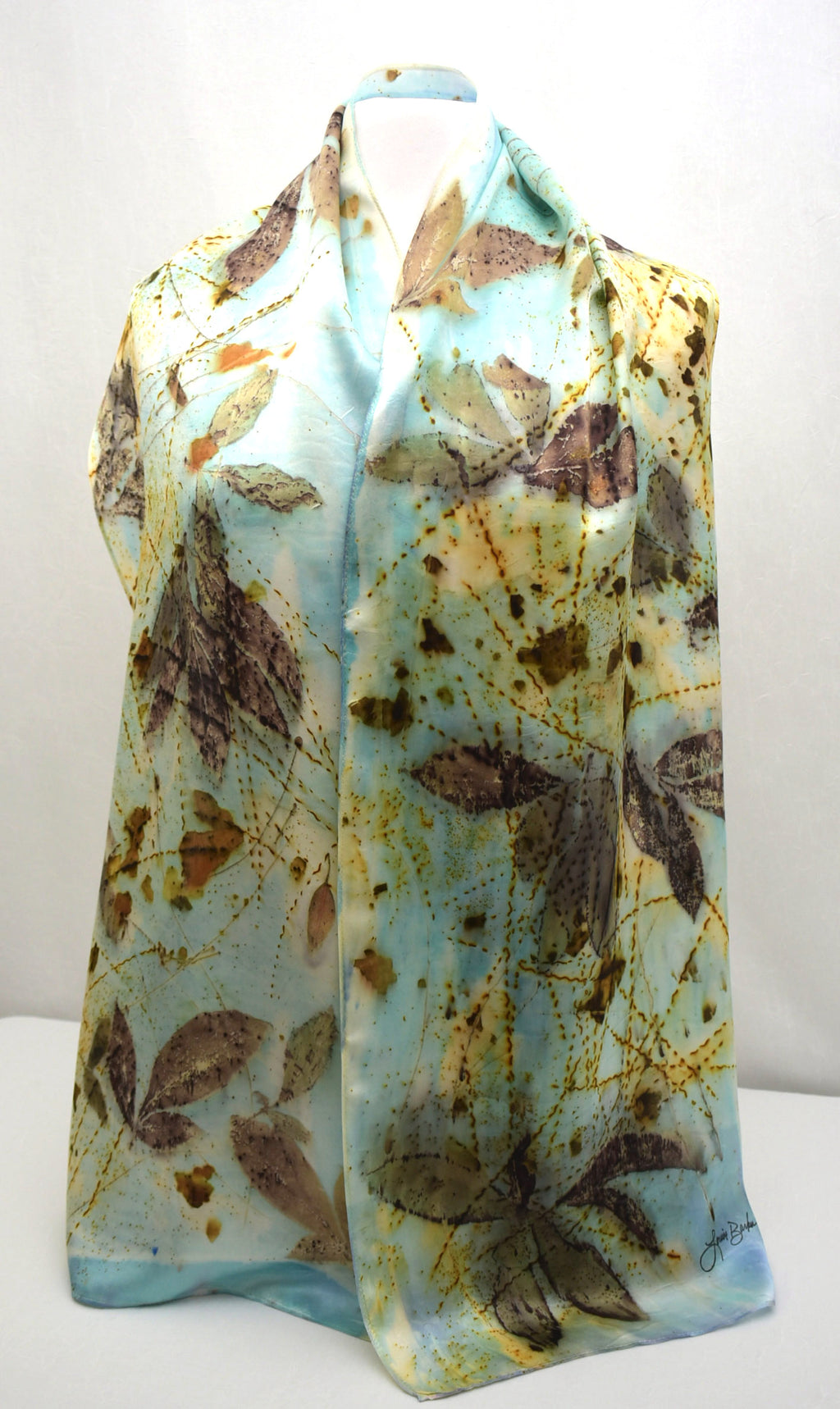 Turquoise Hand Dyed eco printed one of a kind fashion woman's Silk Satin Scarf