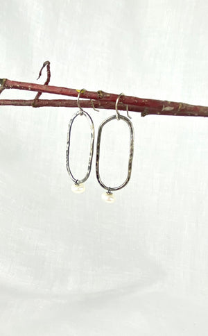 White pearl with hammered oblong silver earrings