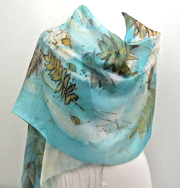 22" x 68" Eco Printed Silk Mesh Fringe Scarf/Shawl