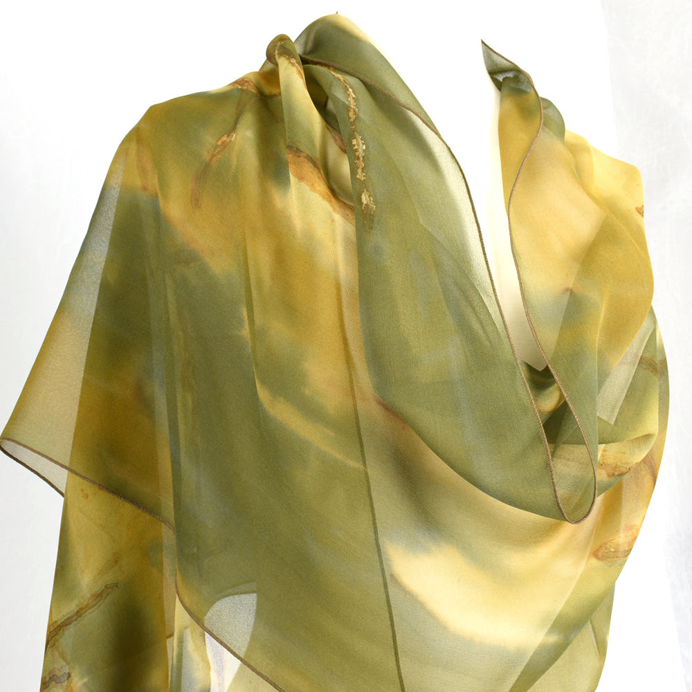 Elegant Designer Fashion Wearable Art Green Hand Dyed Silk Chiffon Scarf/Shawl Clothing