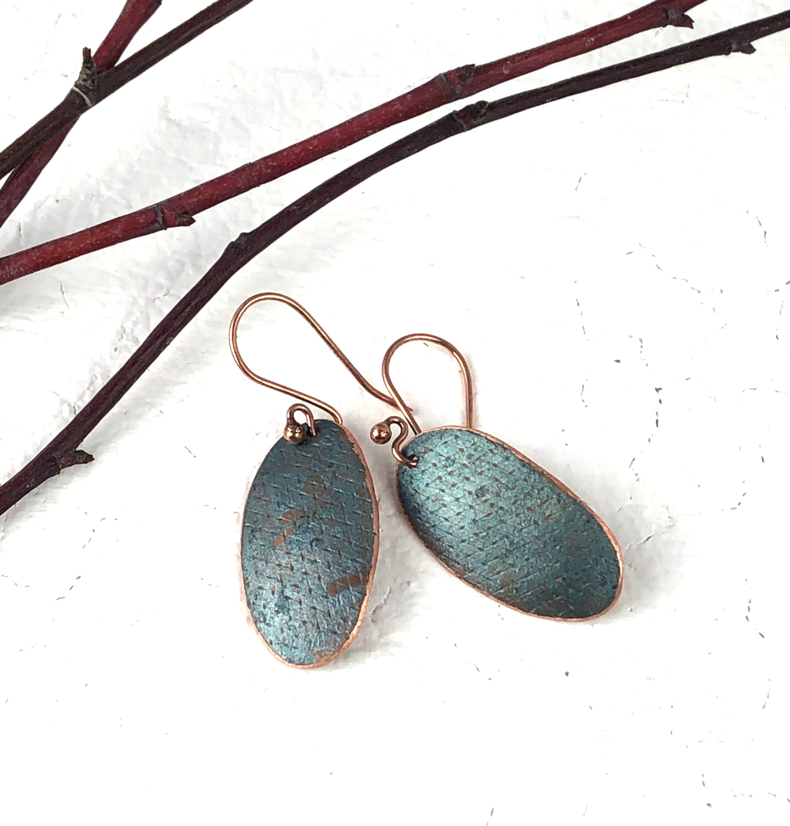 Blue Recycled Handmade Hammered women's Copper Earring Jewelry