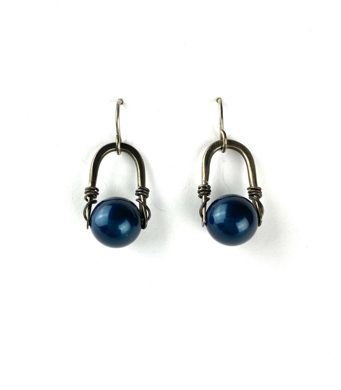 Petrol Blue Crystal pearl with Oxidized Silver Stirrup Earrings