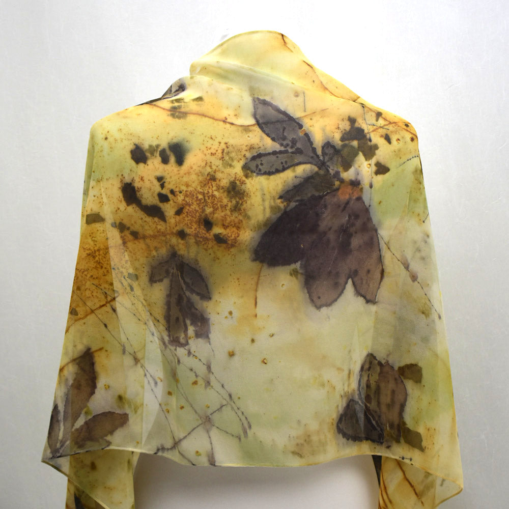 Handmade Distinctive Eco Printed Peony on Silk Chiffon Scarf/Shawl Wearable Fiber Art